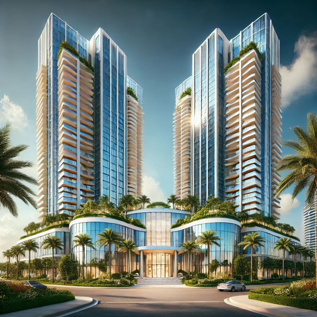 "Artistic rendering of Armani/Casa luxury condo towers in Pompano Beach."